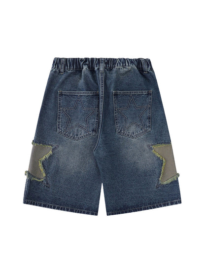 Star-stitched Patched Denim Shorts