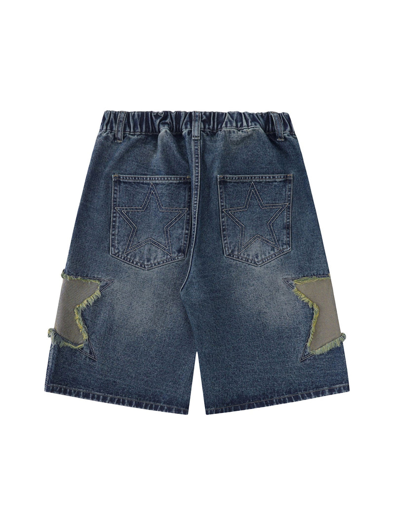 Star-stitched Patched Denim Shorts