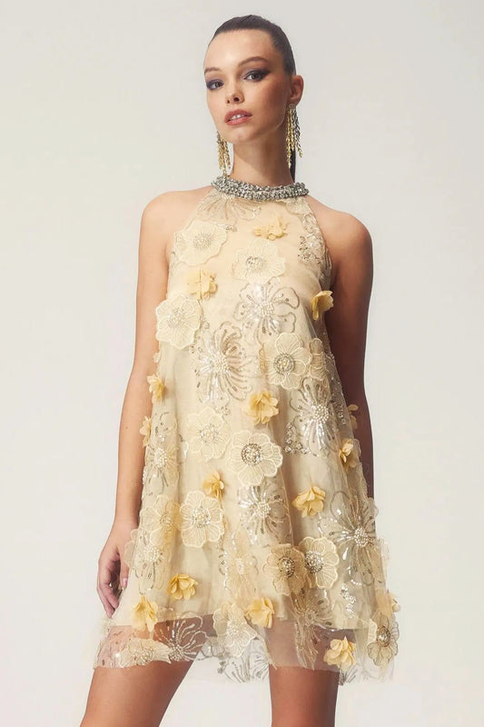 Ella Halter Embroidered Sequins Mini Dress