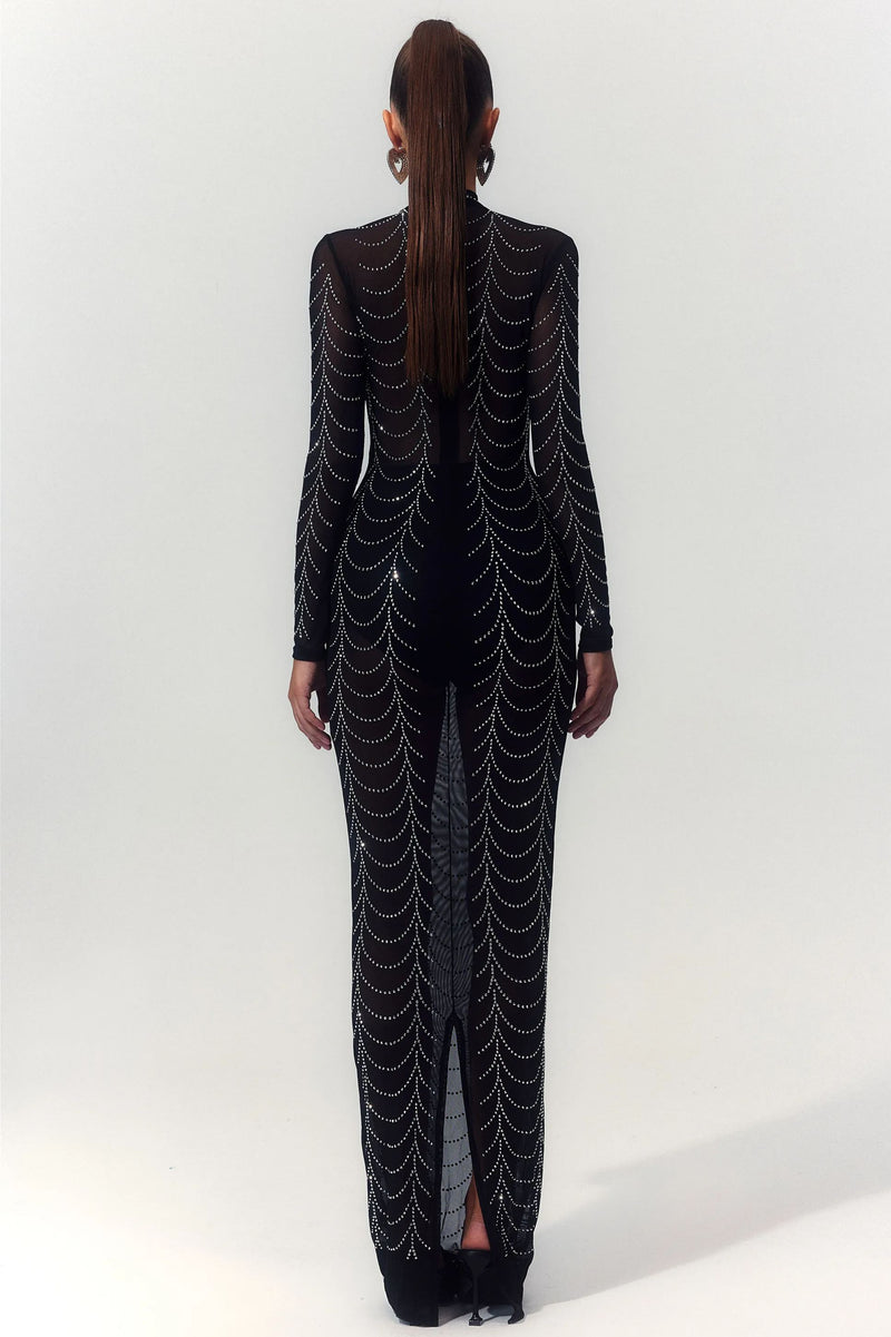 Cornelia Mock Neck Rhinestone Maxi Dress