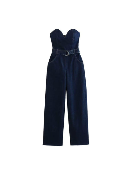 Sweetheart Neck Tube Denim Jumpsuit With Belt