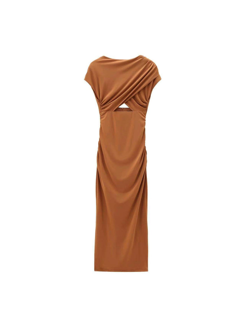 Boat Neck Backless Ruched Cutout Slit Maxi Dress