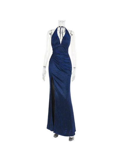 Backless Deep Halterneck Shimmer High Slit Maxi Dress