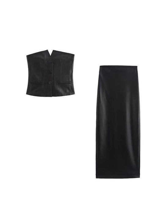 Pu Leather Tube Vest Coat & Slit Skirt Coord Set