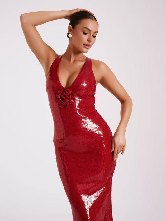 Applique Rose Sequin Backless Maxi Dress