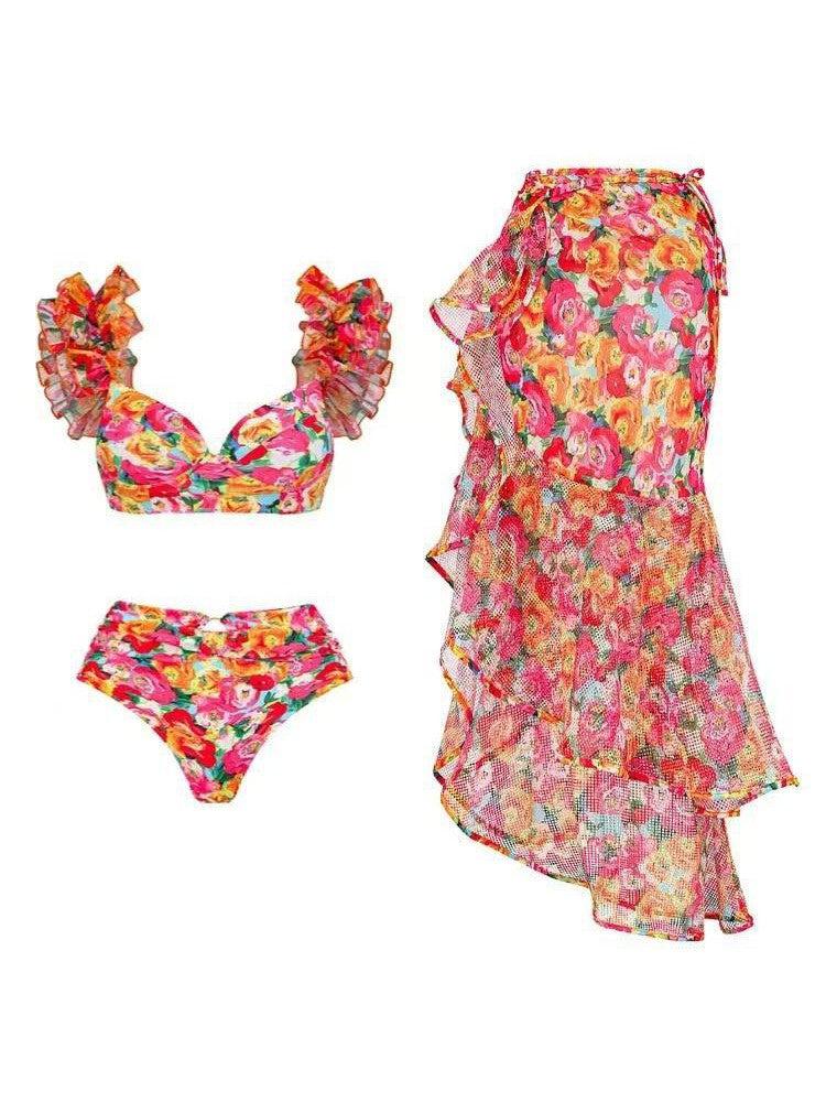 Print Ruffle Bikini Set With Skirt