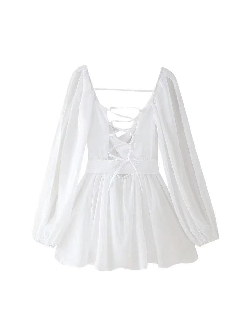 Lantern Cutout Sleeves Deep Neck Backless Romper