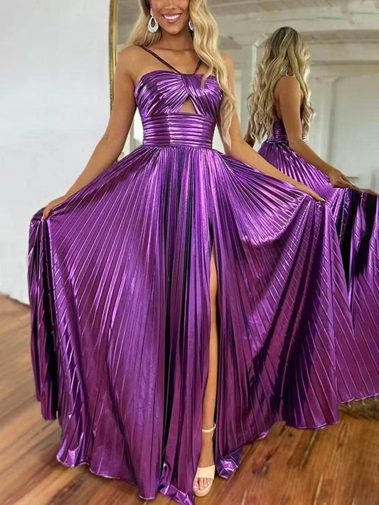 Metallic Pleated Halterneck Cutout Slit Maxi Dress