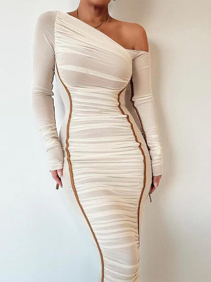 Off Shoulder Full Sleeves Ruched Midi Dress