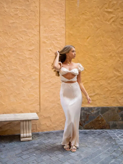 Short Puff Sleeve Cutout Maxi Dress