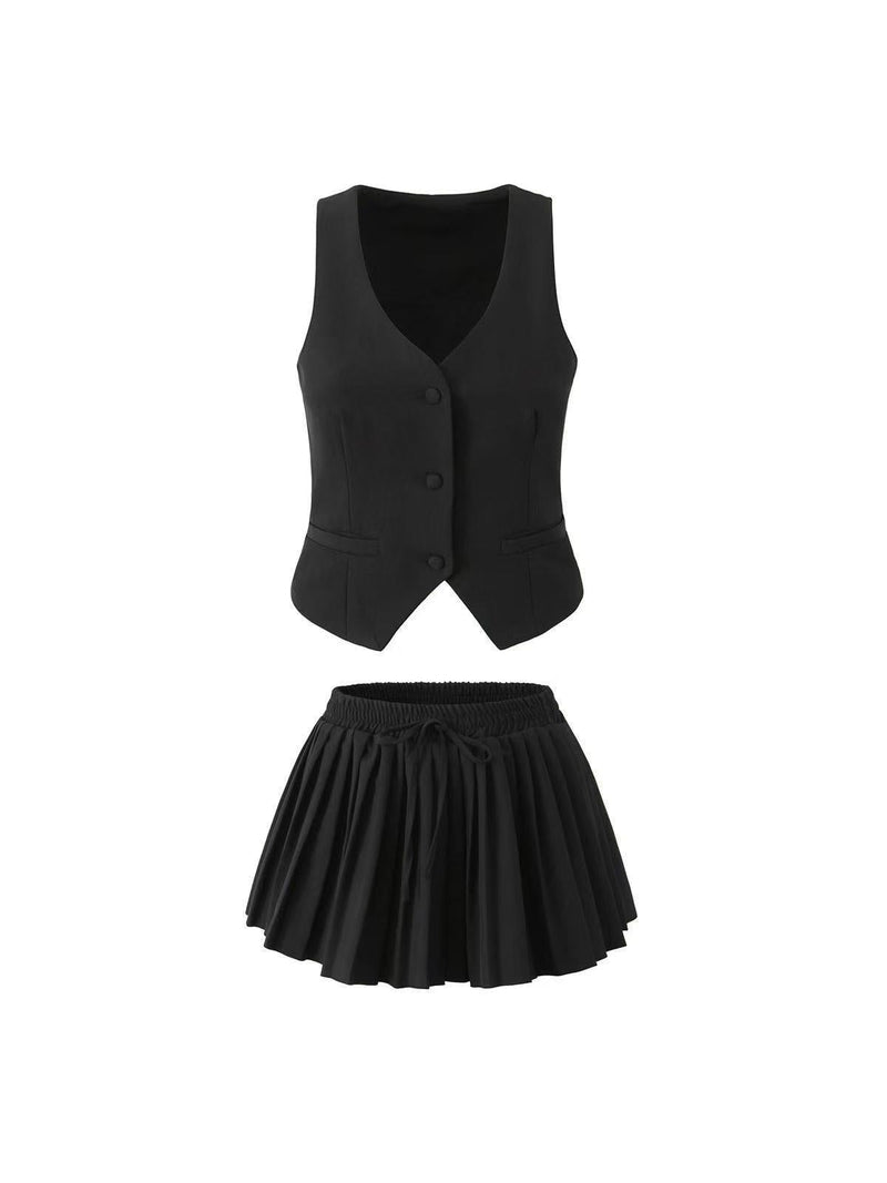 Waist Vest Coat & Flared Skort Skirt Coord Set