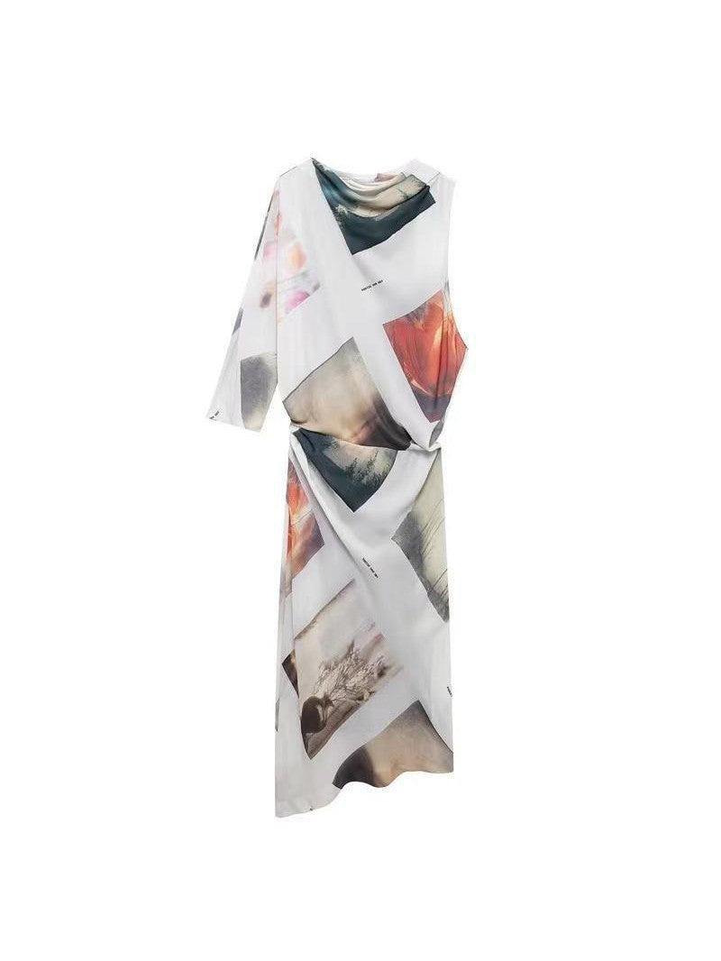 Print Asymmetric One Sleeve Maxi Dress