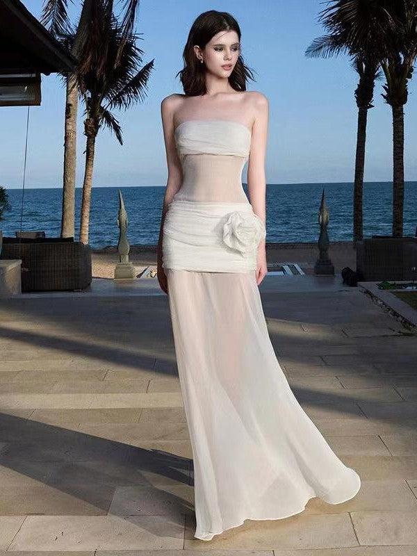 Flower Applique See Through Tube Maxi Dress
