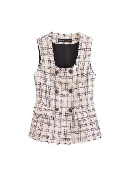 Tweed Long Vest Coat & Pant Coord Set Check