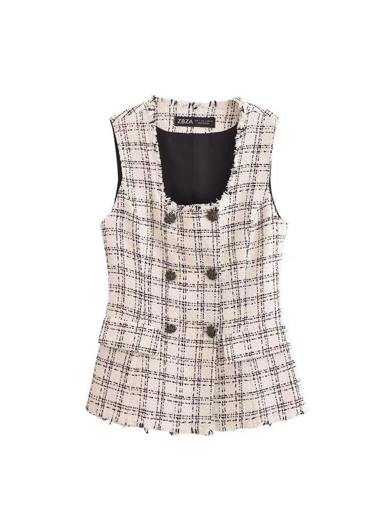 Tweed Long Vest Coat & Pant Coord Set Check