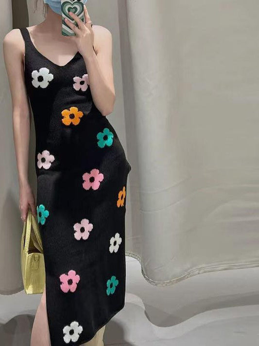 Print Knitted Slit Midi Dress