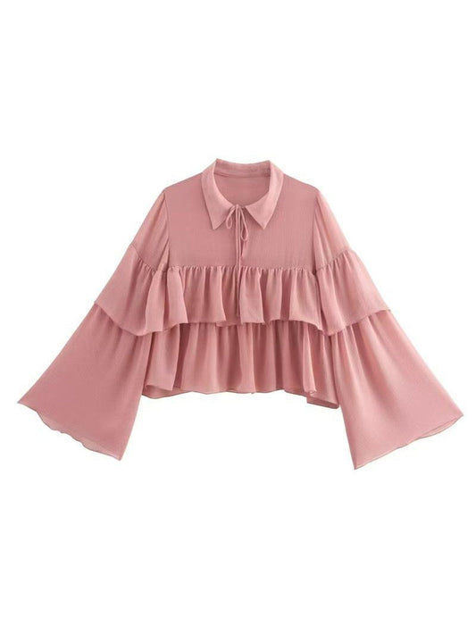 Drawstring Collar Ruffle Blouse Top