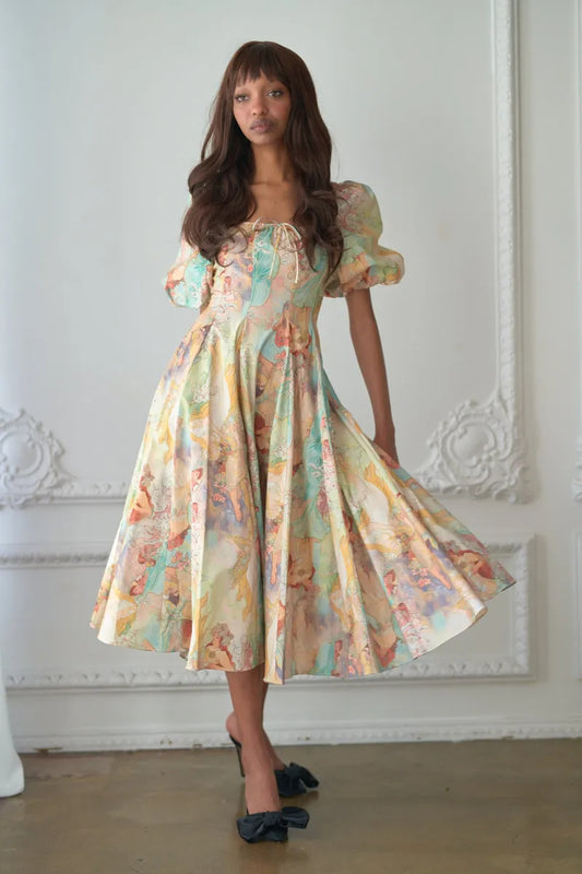 Joyce Printed Lantern Sleeves Midi Dress