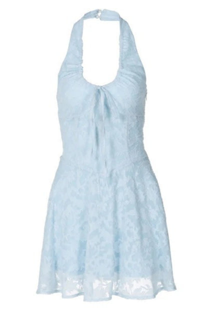 Breezy Halter Bow Tie Drop Waist Jacquard Vacation Mini Dress