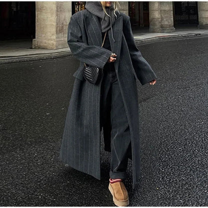 Kassidee Striped Lapel Long Coat
