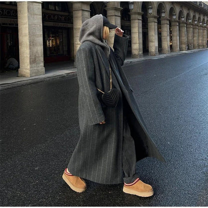 Kassidee Striped Lapel Long Coat
