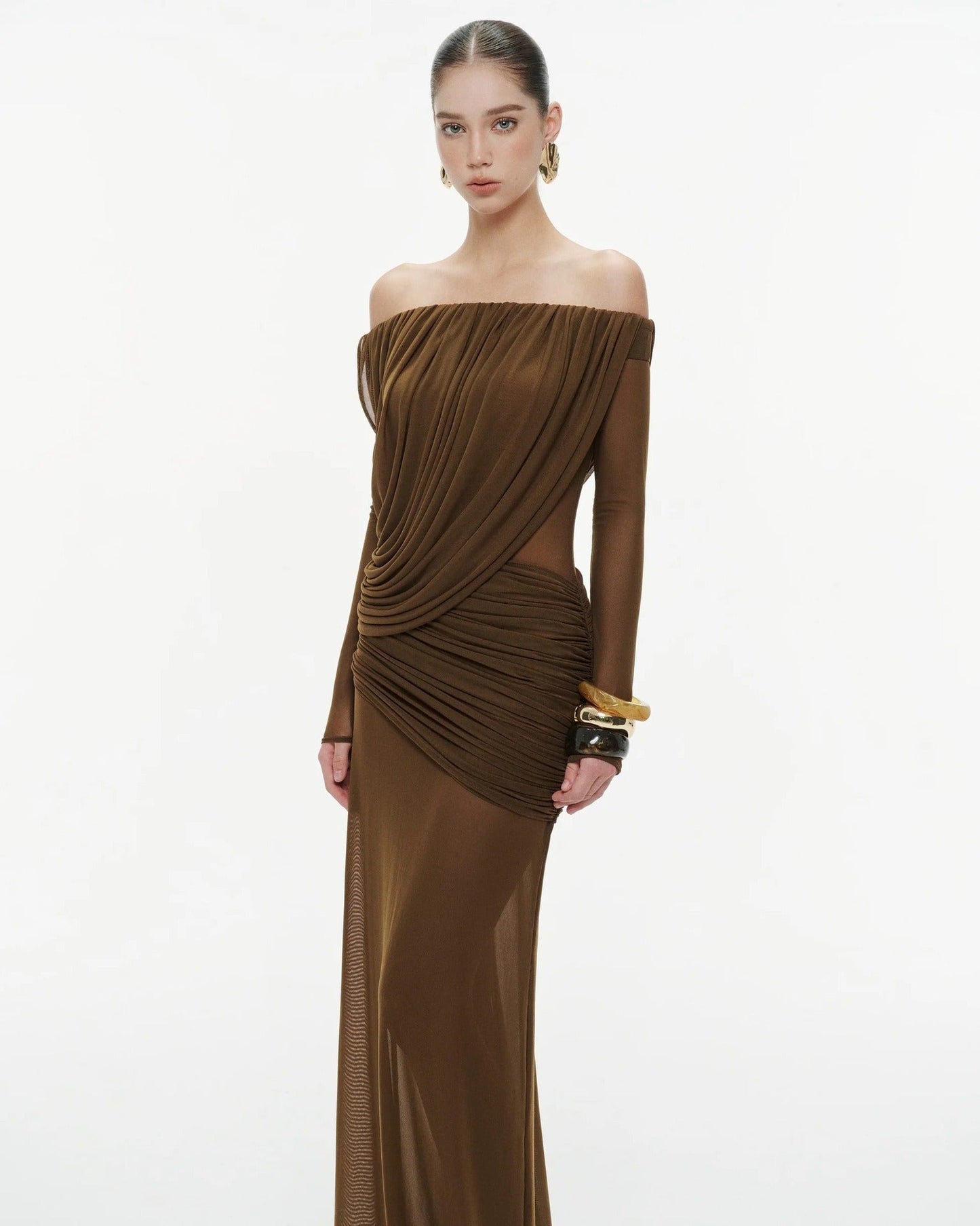 Gaelthis Strapless Ruched Draped Maxi Dress