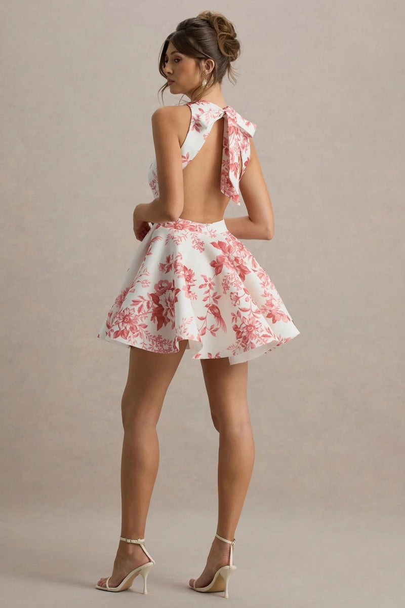 Pink Porcelain Print Racer-neck Sleeveless Skater Mini Dress