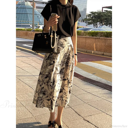 Ink Painting Skirt Autumn Winter High Waist Swing Skirt