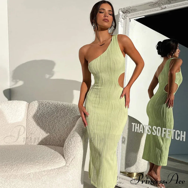 Irregular Cut Out Club Party Sleeveless One Shoulder Textured Midi Dress