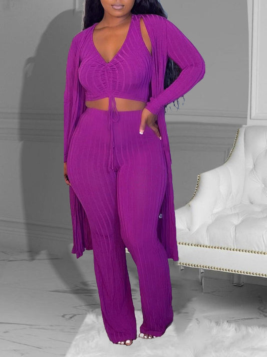 Crop Top Ruched Drawstring Three Piece Pants Set Bo3025