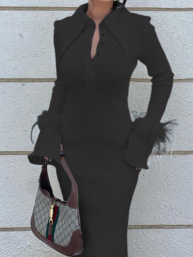 Lapel Feather Long Dress