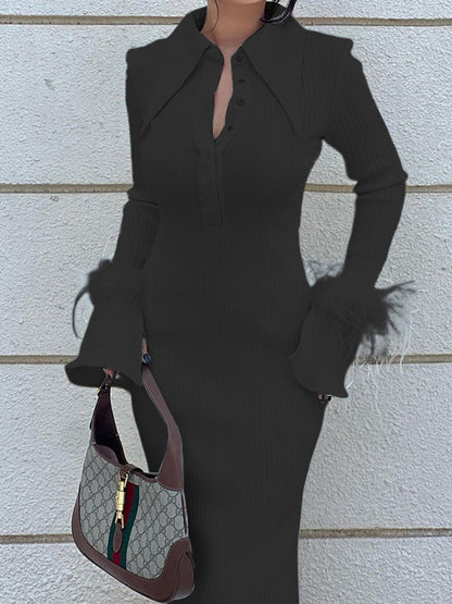 Lapel Feather Long Dress