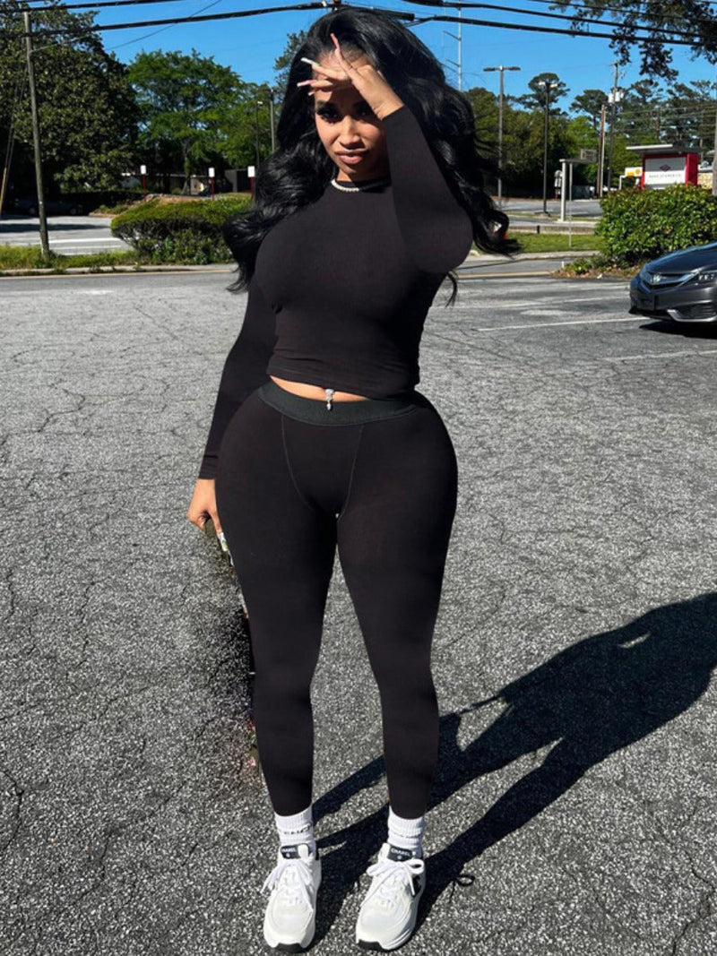 Round Neck Crop Top Skinny Pants Set Ar5013