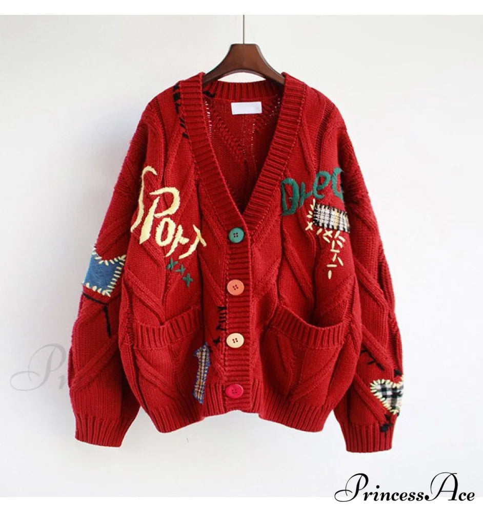 Jacket Loose Pocket Embroidery Knit Cardigan