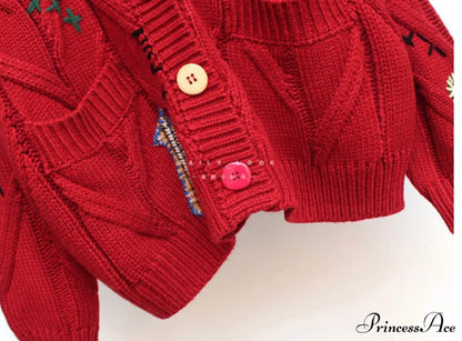 Jacket Loose Pocket Embroidery Knit Cardigan