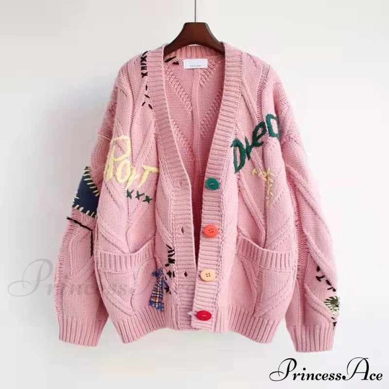 Jacket Loose Pocket Embroidery Knit Cardigan