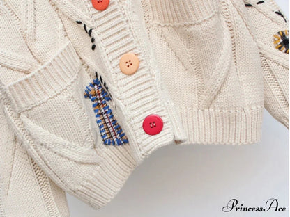 Jacket Loose Pocket Embroidery Knit Cardigan