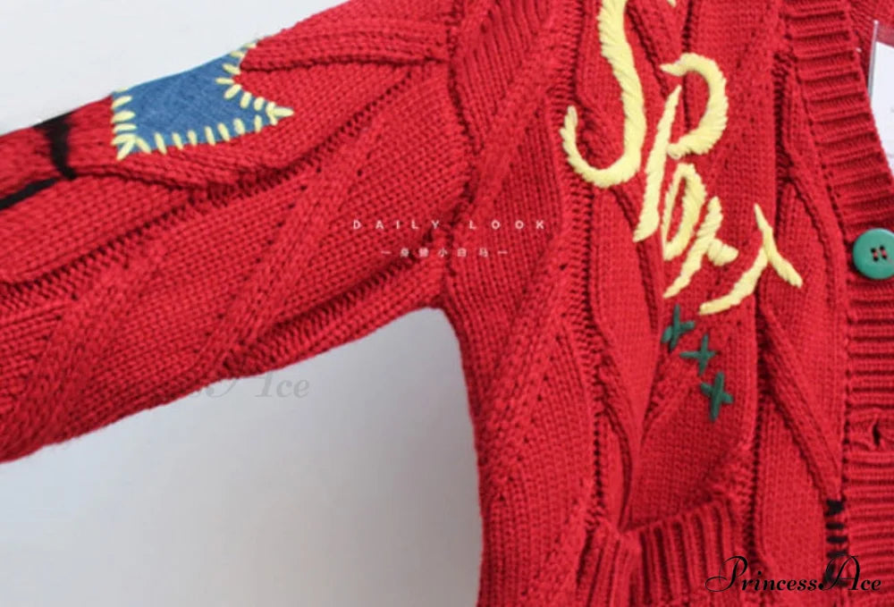 Jacket Loose Pocket Embroidery Knit Cardigan