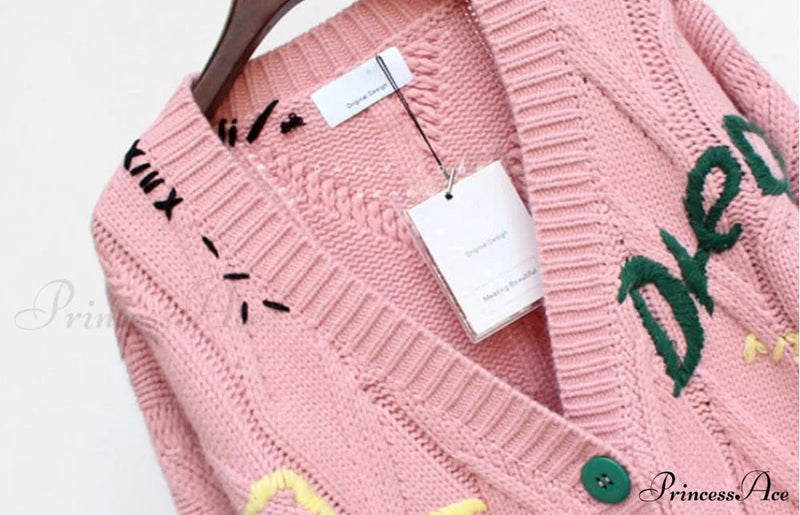 Jacket Loose Pocket Embroidery Knit Cardigan