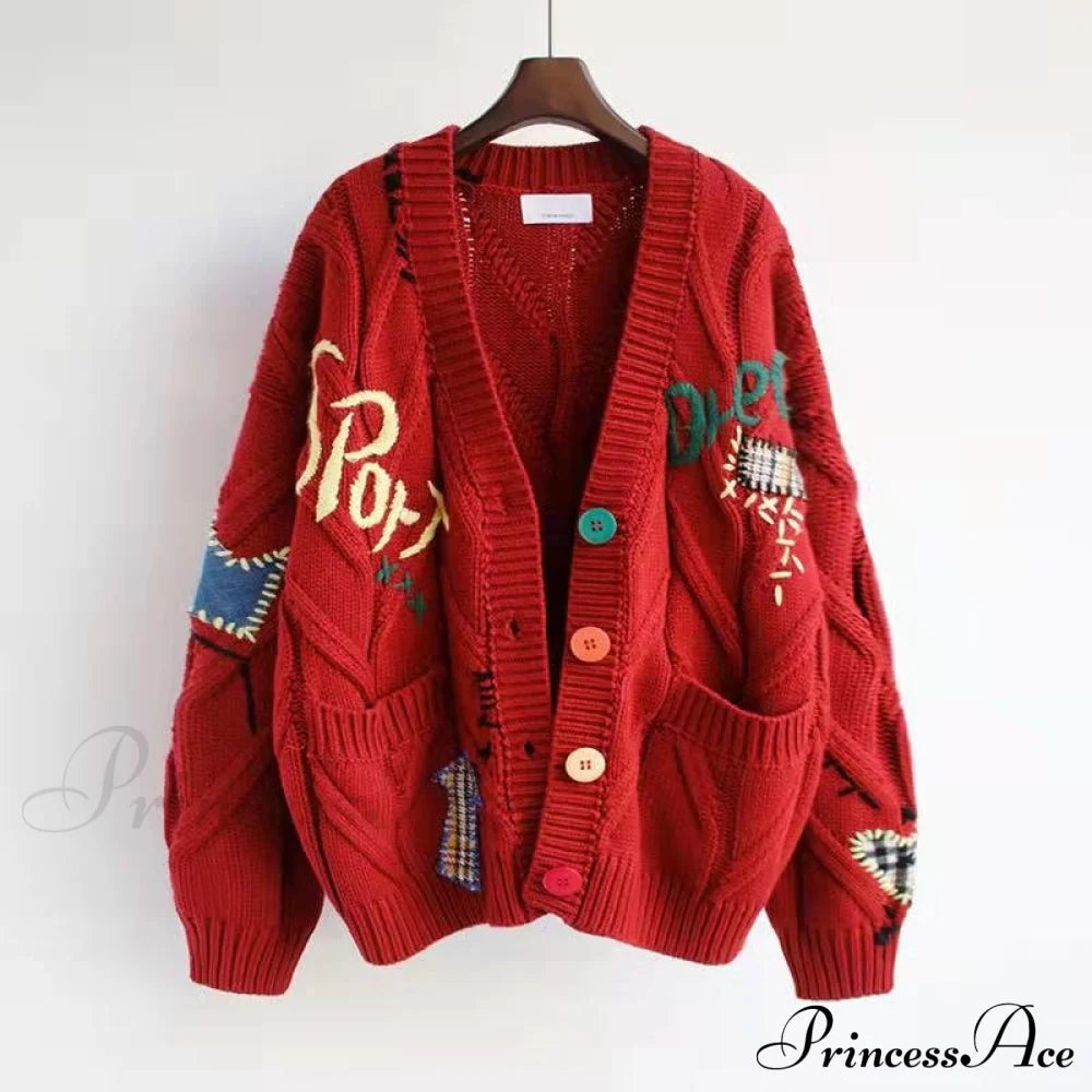 Jacket Loose Pocket Embroidery Knit Cardigan