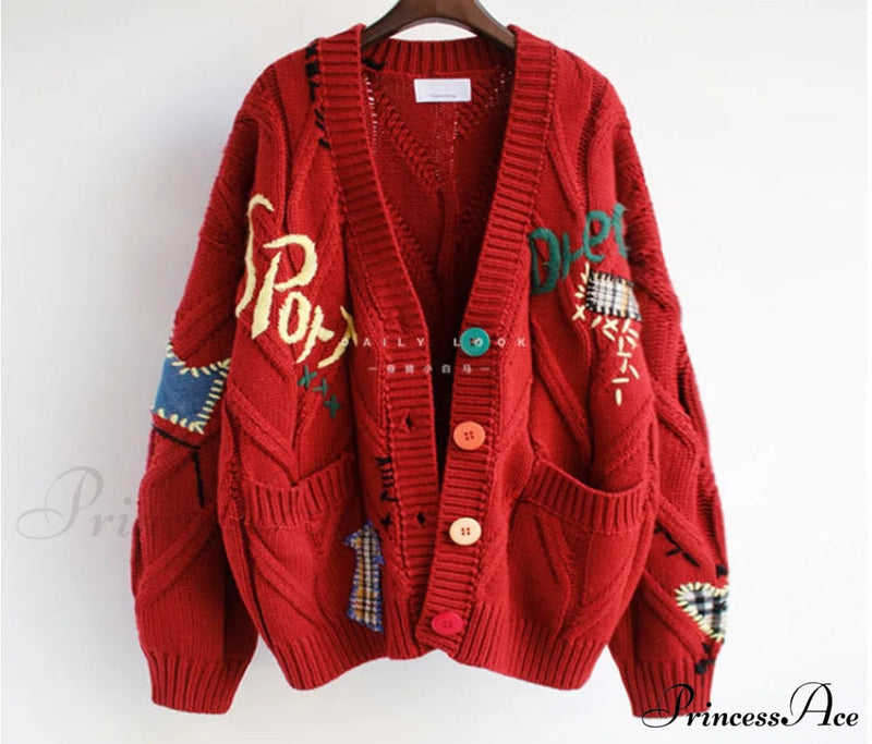 Jacket Loose Pocket Embroidery Knit Cardigan