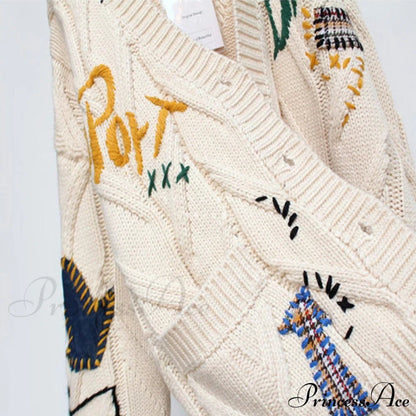 Jacket Loose Pocket Embroidery Knit Cardigan