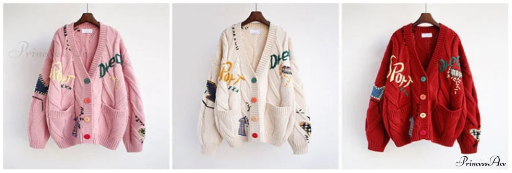 Jacket Loose Pocket Embroidery Knit Cardigan