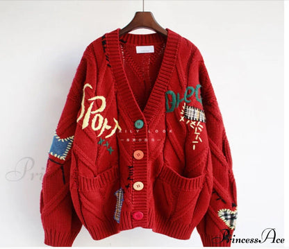 Jacket Loose Pocket Embroidery Knit Cardigan