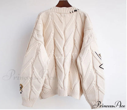 Jacket Loose Pocket Embroidery Knit Cardigan