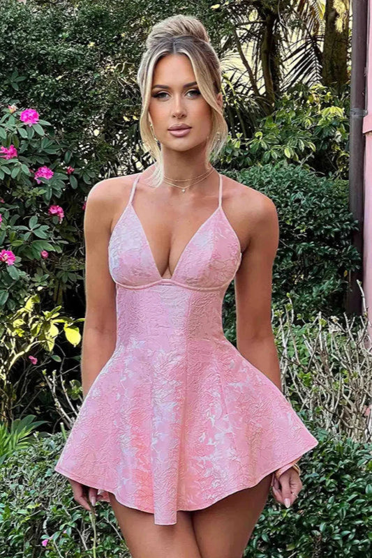Jacquard Deep V Fitted A-line Mini Dress