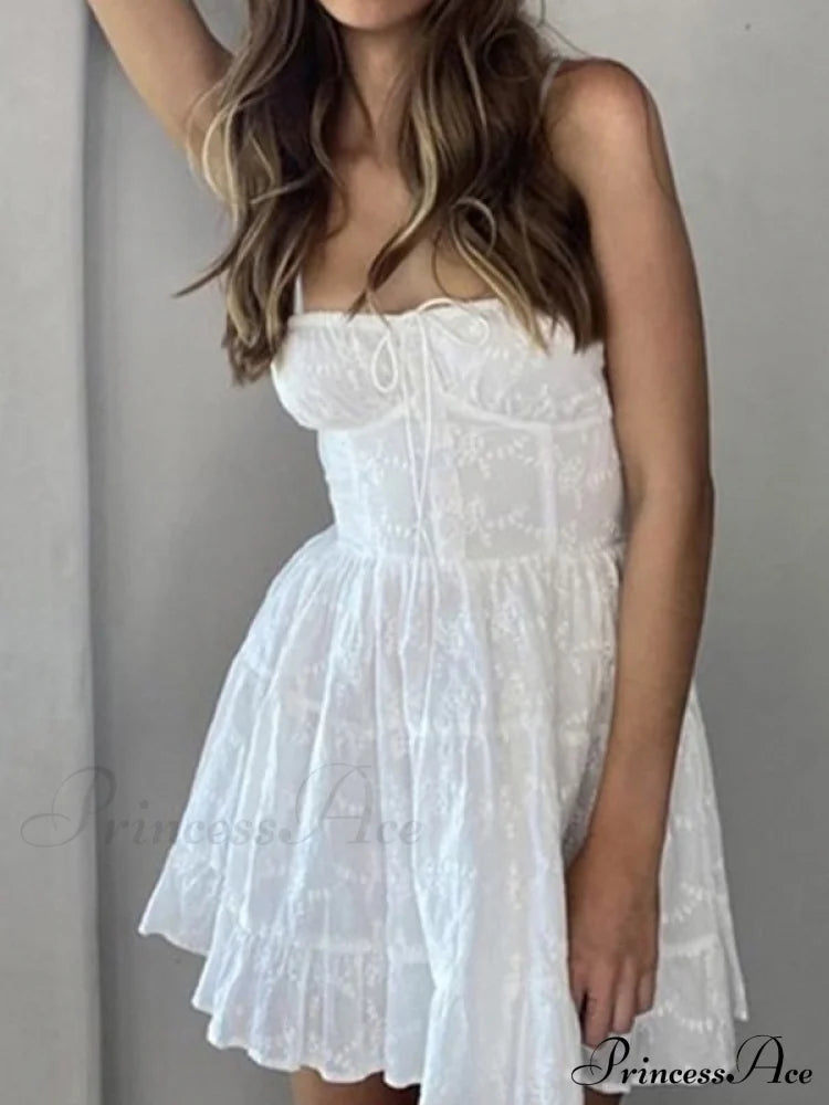 Jacquard Mesh Paneled White Mini Dress