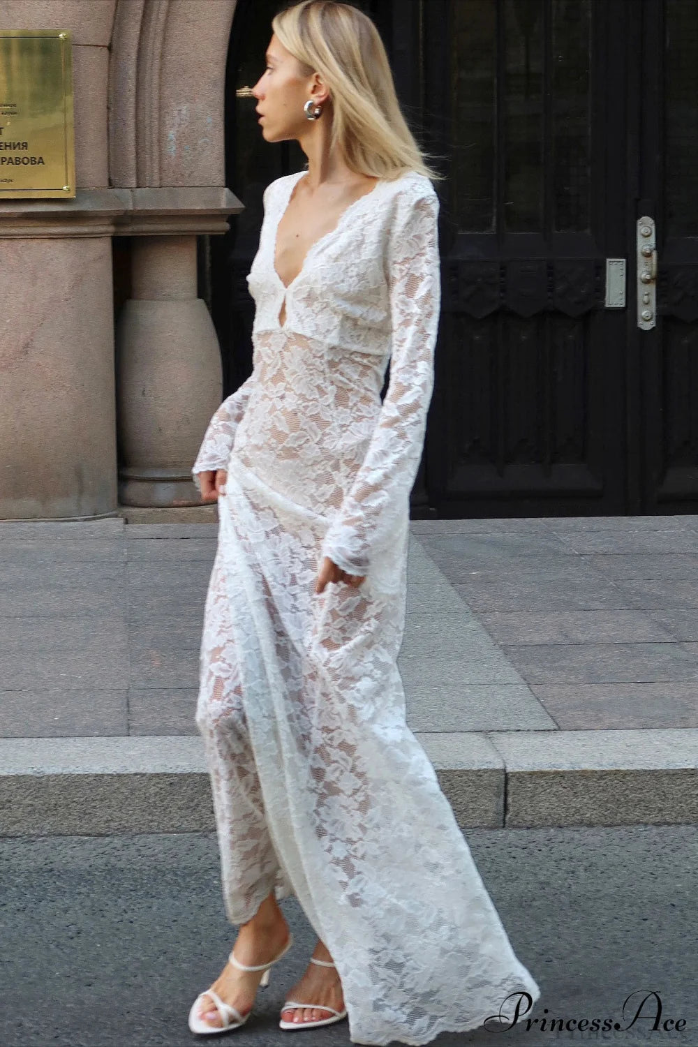 Jacquard Sheer Lace Bodycon Maxi Dress