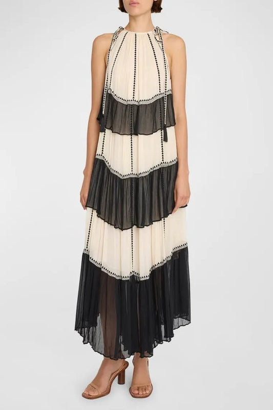Jean Halterneck Tiered Maxi Dress