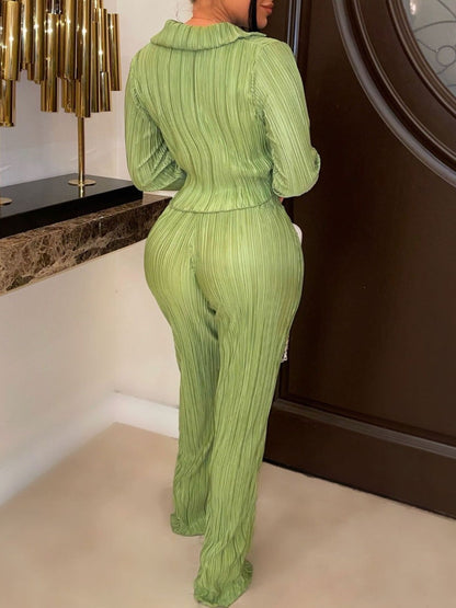 Basics Crop Top Lettuce Trim High Waist Pants Set Bo3027